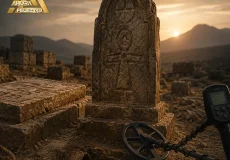 نماد قبر در دفینه یابی در کنار قبر سنگی باستانی و فلزیاب