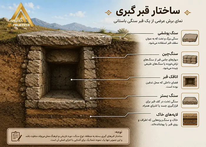 ساختار شماتیک قبر گبری و اجزای اصلی آن در نمای برش عرضی
